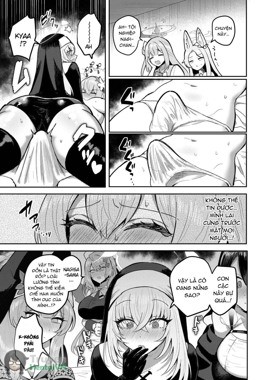 Đọc truyện hentai Futanari Tea Party Dosukebe Tougijou Nagisa VS Sisterhood + Kyuugo Kishidan (Blue Archive) - Oneshot