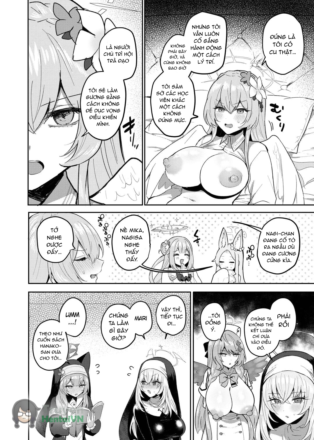 Đọc truyện hentai Futanari Tea Party Dosukebe Tougijou Nagisa VS Sisterhood + Kyuugo Kishidan (Blue Archive) - Oneshot