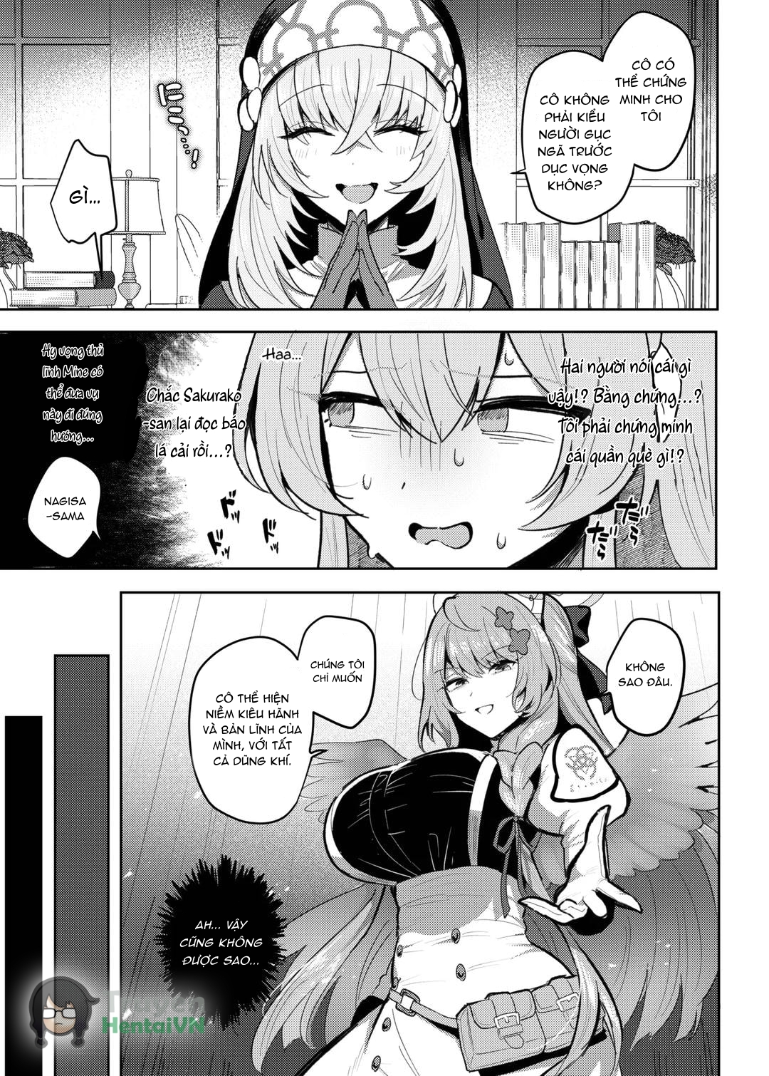 Đọc truyện hentai Futanari Tea Party Dosukebe Tougijou Nagisa VS Sisterhood + Kyuugo Kishidan (Blue Archive) - Oneshot