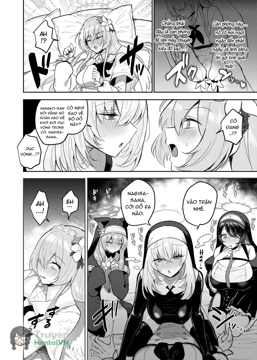 Đọc truyện hentai Futanari Tea Party Dosukebe Tougijou Nagisa VS Sisterhood + Kyuugo Kishidan (Blue Archive) - Oneshot