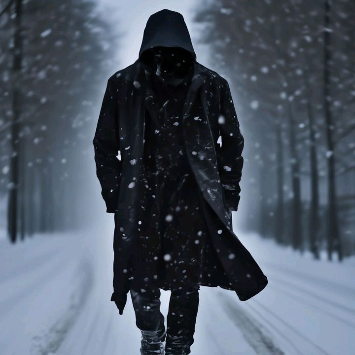 одинокий мужчина в плаще стоит в снегу